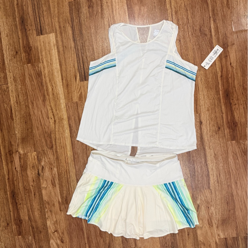Lucky in Love White Skirt with Blue and Yellow/Green Stripe Accents